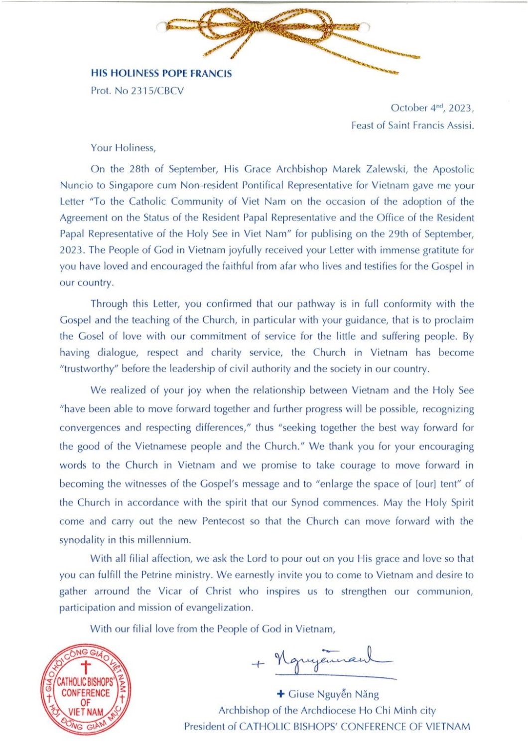 Prot No 2315 CBCV Letter to His Holiness Pope Francis Oct 2023 1086x1536